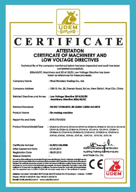 CHINA Wuxi Wondery Industry Equipment Co., Ltd Certificações